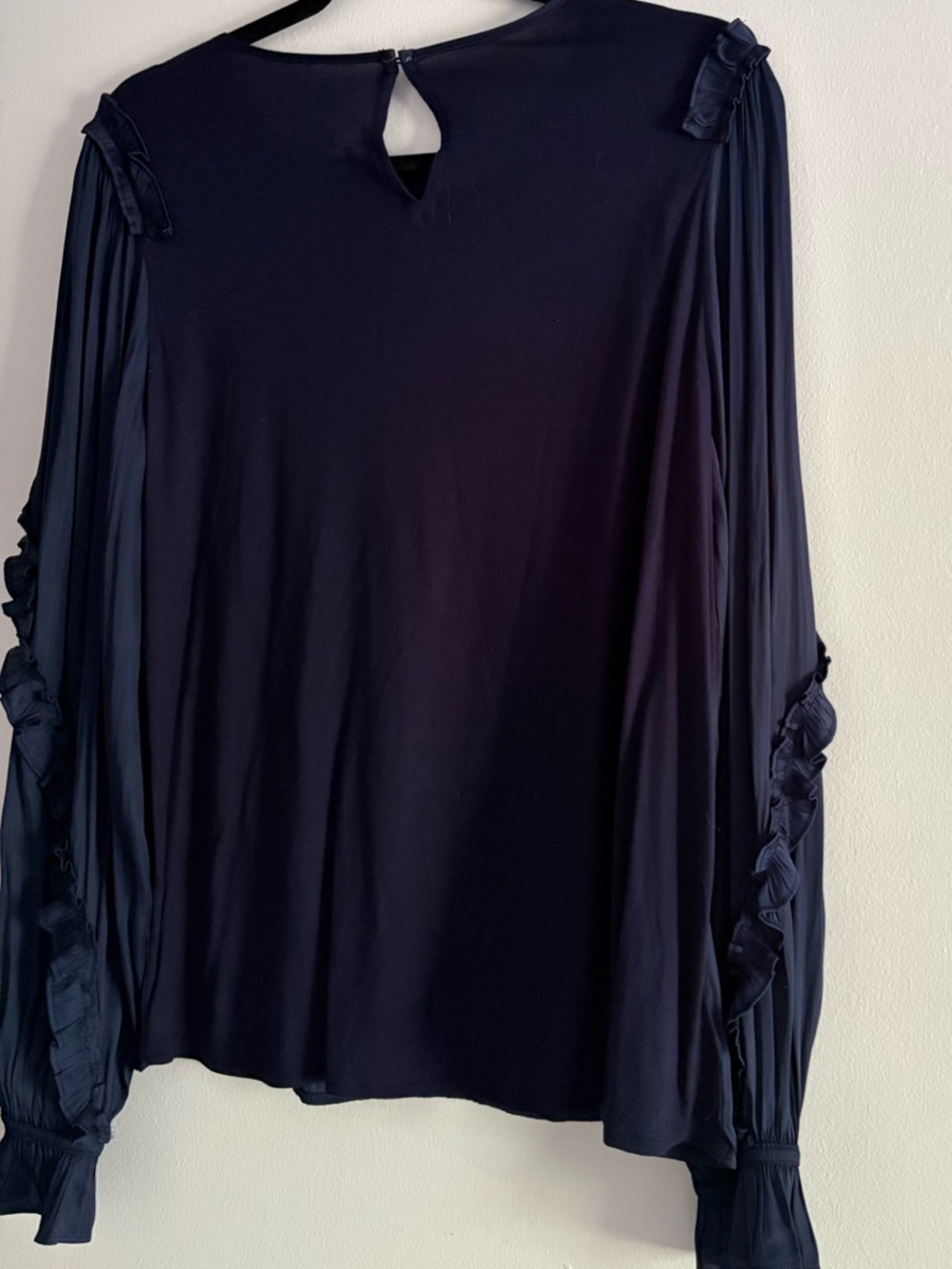 LOFT Navy Ruffle-Trim Long Sleeve Blouse - Picture 2 of 3